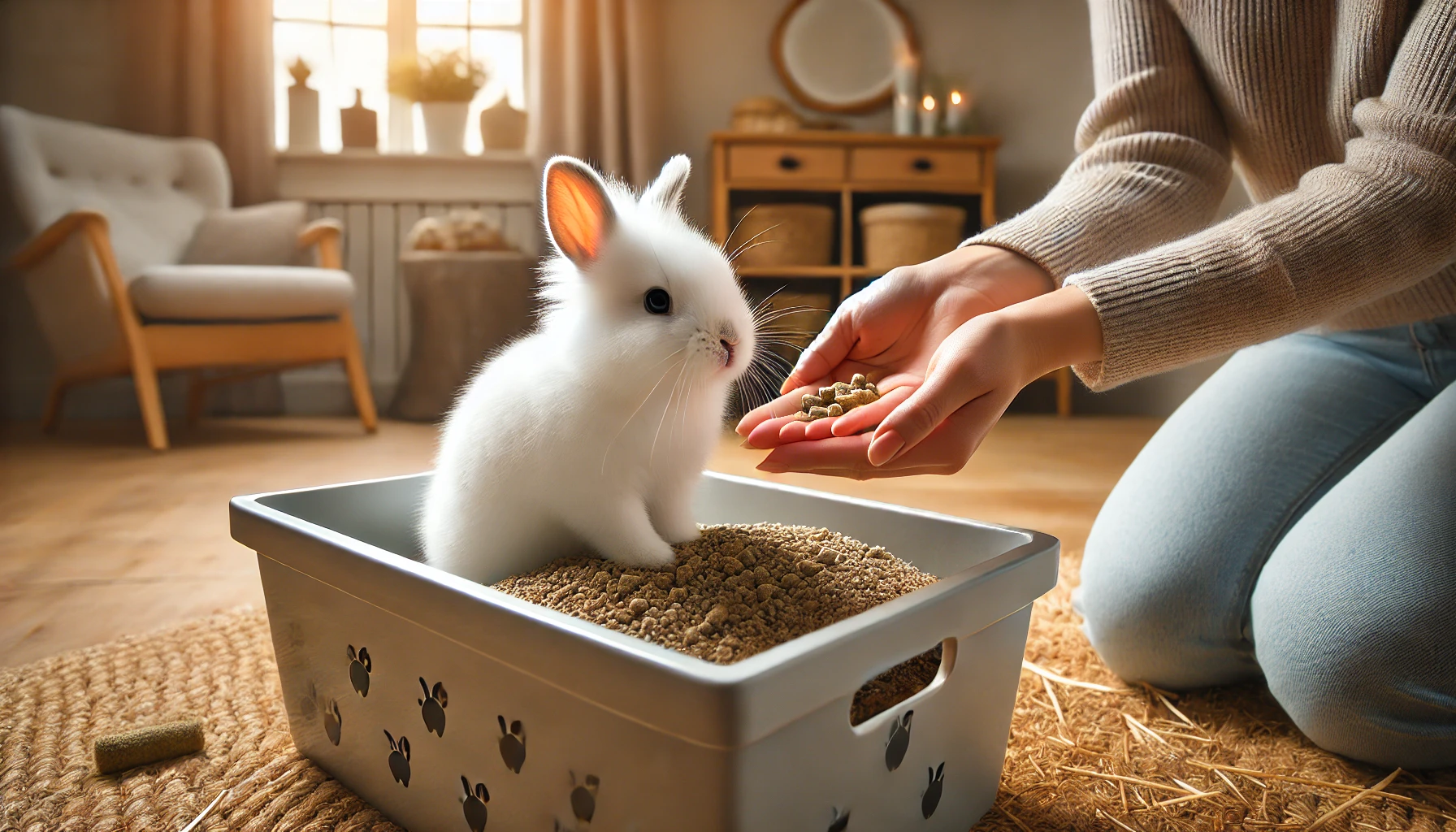 A person gently rewarding a white bunny with a treat or petting after using a litter box filled with rabbit-safe litter, promoting positive reinforcement in a cozy indoor setting.