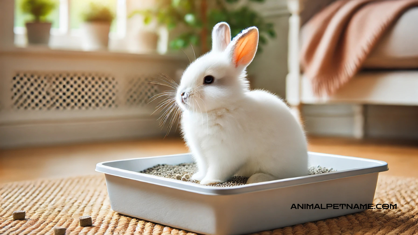 A white bunny sitting comfortably in a litter box filled with rabbit-safe litter, in a cozy indoor setting.