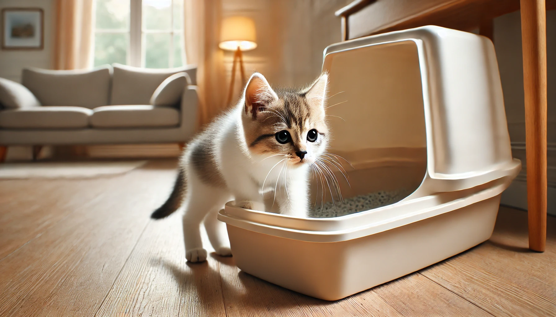 "A curious cat exploring a litter box for the first time, sniffing and stepping inside."