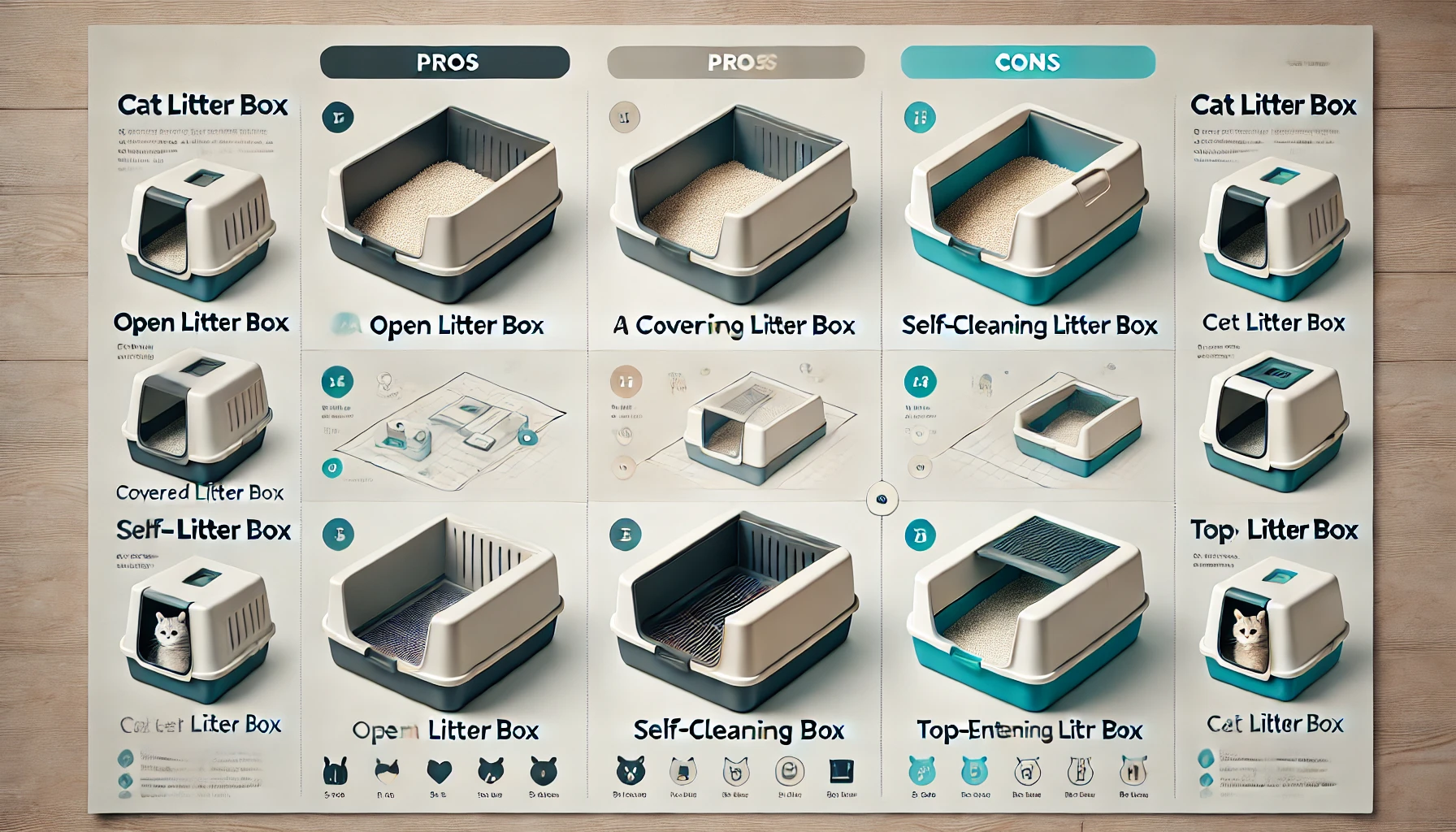 "Comparison of different types of cat litter boxes, including open, covered, self-cleaning, and top-entry options."