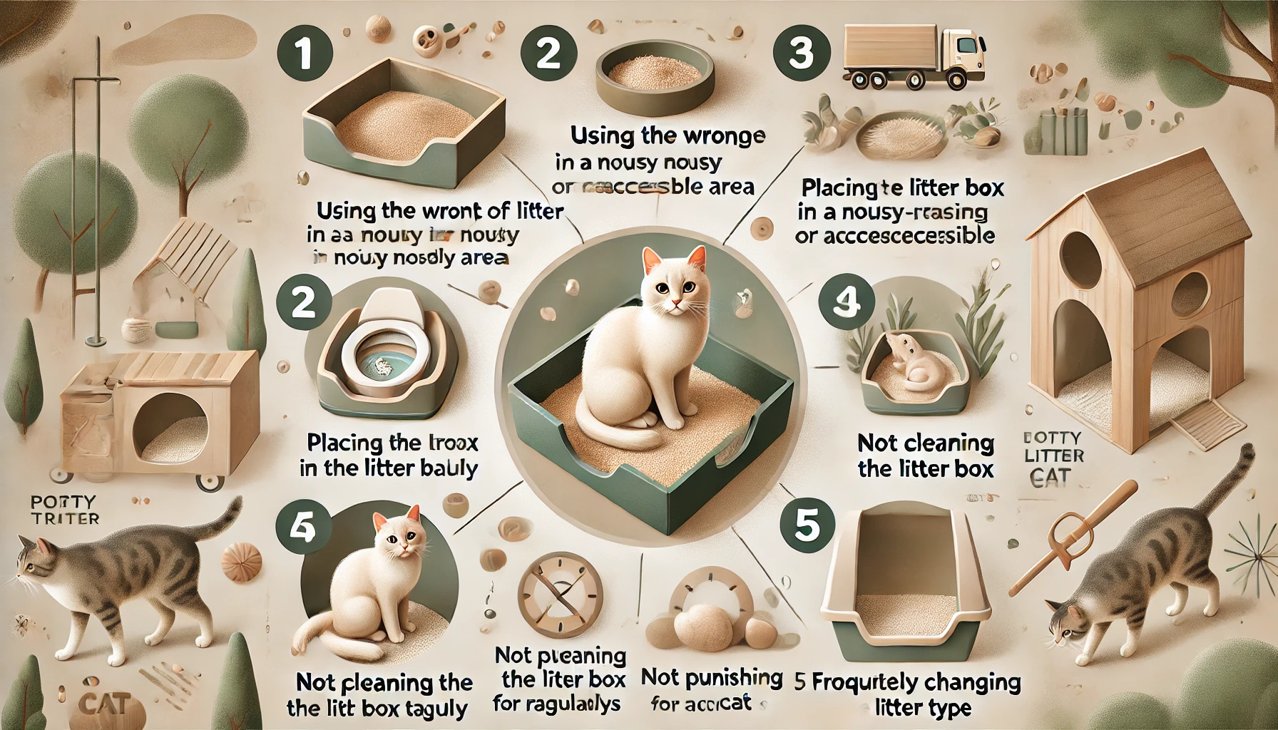 "Infographic illustrating common potty training mistakes like wrong litter, improper placement, and inconsistent cleaning."